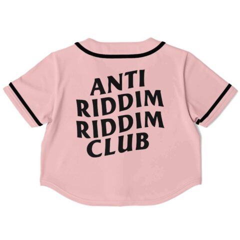 Back view of the light pink riddim club rave cropped baseball jersey with bold black slogan text