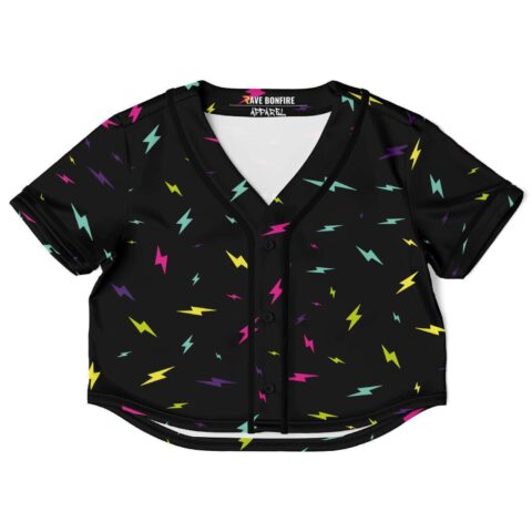 Black lightning bolt rave crop top with multicolored bolt pattern, front view