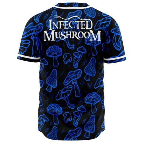 Infected Mushroom text across back yoke of blue mushroom print rave jersey