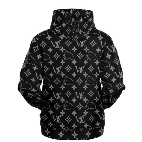 Black monogram print hoodie with WL logos and mammoth icons, back view