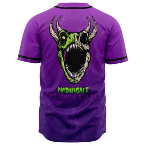 Back view of jersey with horned dinosaur skull graphic and Midnight Tyrannausaurus text