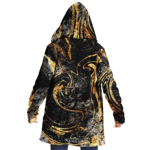 Black gold marbled rave cloak back view with swirling gold veins and hood up