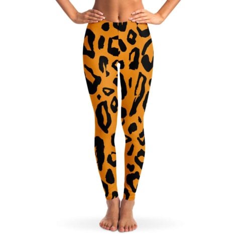 Front view of orange and black tiger stripe rave leggings