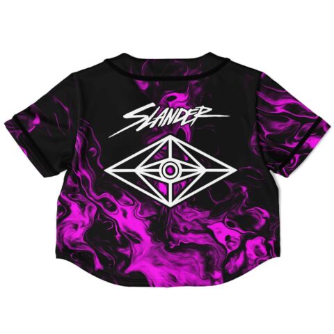 Purple smoke swirl crop jersey with SLANDER script and diamond eye emblem, back view