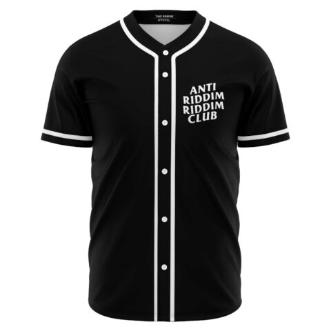 Anti Riddim Riddim Club graphic on chest of black button-up rave jersey front view