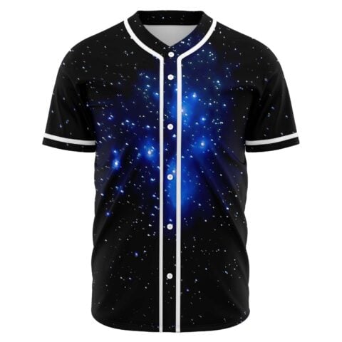 Blue starfield rave baseball jersey with white button placket front view