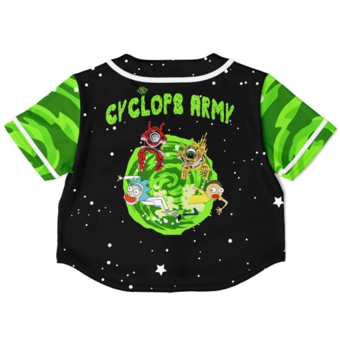 Back view of black and green starry rave crop top with green-themed graphics
