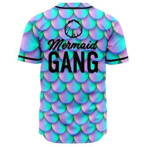 Iridescent mermaid scale rave baseball jersey back view with Mermaid Gang text and shell logo