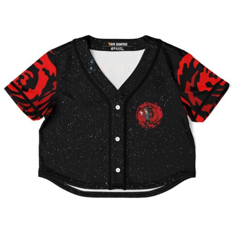 Black rave crop top with red floral and starry night all-over design