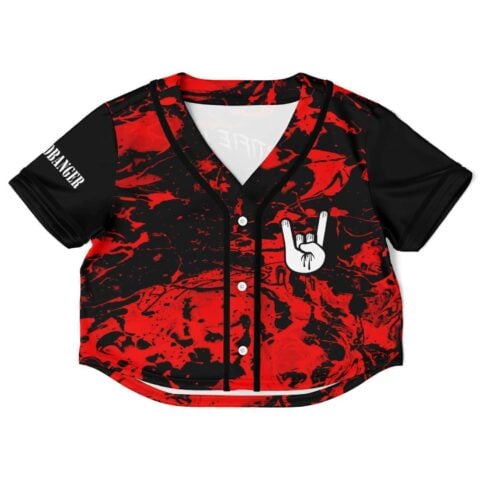 Red and black marbled certified headbanger rave crop top with dripping rock-hand chest logo, front view