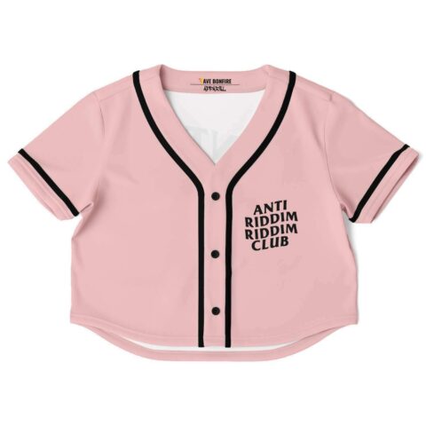 Light pink riddim club rave cropped baseball jersey with black trim and slogan text on the front