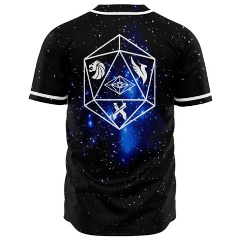 Back view showing geometric icosahedron emblem with lion griffin and eye icons on starfield print