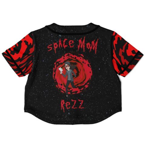 Back view of black rave crop top with bold text and starry floral design