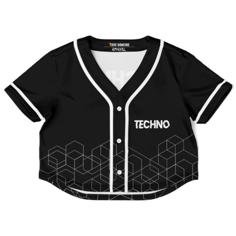 Black techno for life rave crop top, front view, geometric designs with white accents