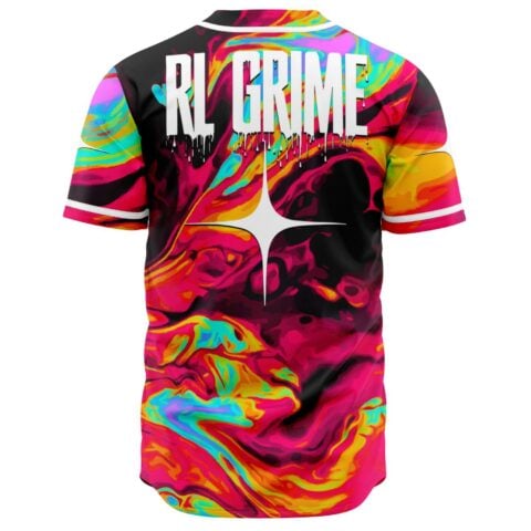 Back view of rave baseball jersey with dripping RL Grime text over neon liquid swirl