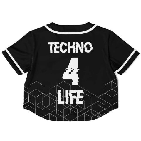 Black techno for life rave crop top, back view, geometric lettering and patterns