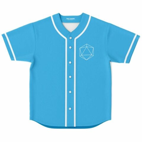 Sky blue baseball jersey with white piping and geometric icosahedron outline on chest, front view