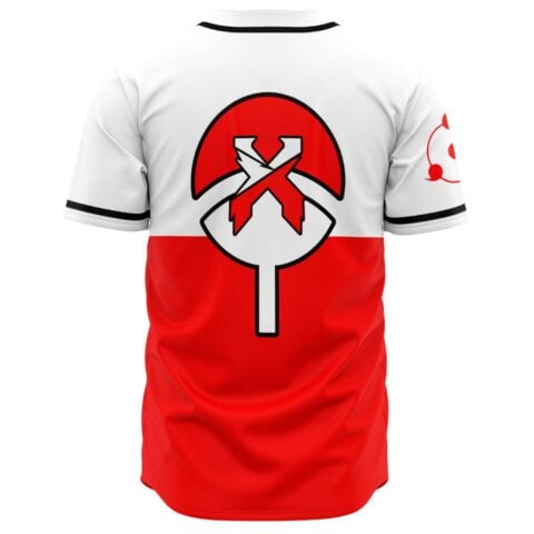 Back view of anime-inspired baseball jersey showing large red and white fan emblem on split