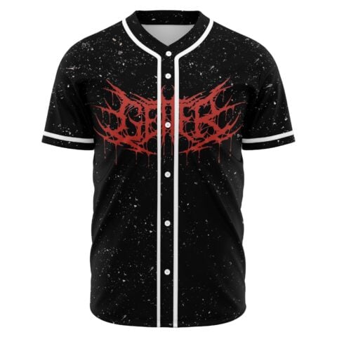 Black speckled rave jersey with dripping red death metal style logo on front