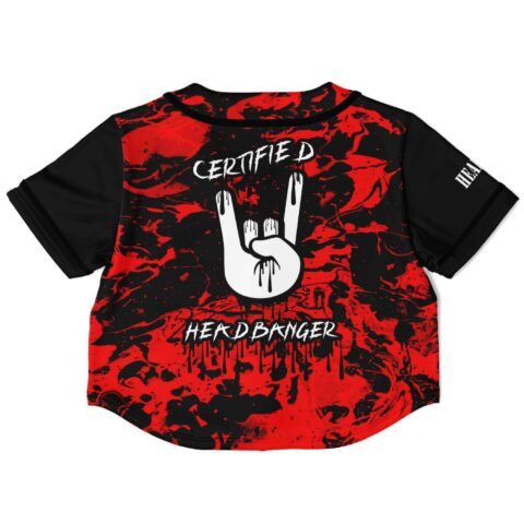 Certified Headbanger rave crop top with rock-hand graphic and text, back print