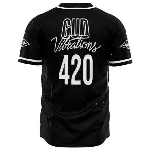 Back view of black jersey with GUD Vibrations 420 text over dot swirl design