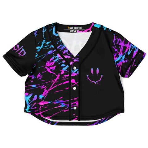 Pink and blue acid splatter acid house rave crop top with dripping smiley chest logo, front view
