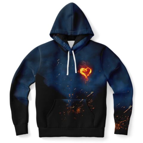 Flaming heart rave hoodie front view with navy ember sparks over black hem