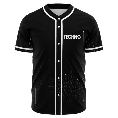 Black rave baseball jersey front view with Techno logo and halftone wave graphic