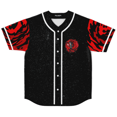 Rave baseball jersey front view with black starfield print, red tiger stripe sleeves, portal graphic