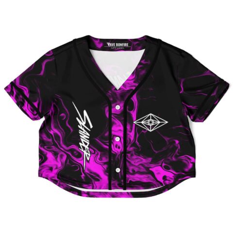 Magenta smoke swirl crop jersey with SLANDER text and diamond eye logo, front view