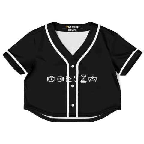 Front view of black light dispersion rave crop top with symbols and button front