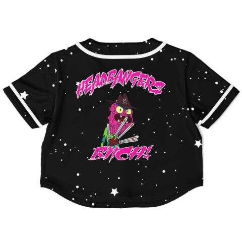Back view of black colorful starry rave crop top with vibrant graphic and character