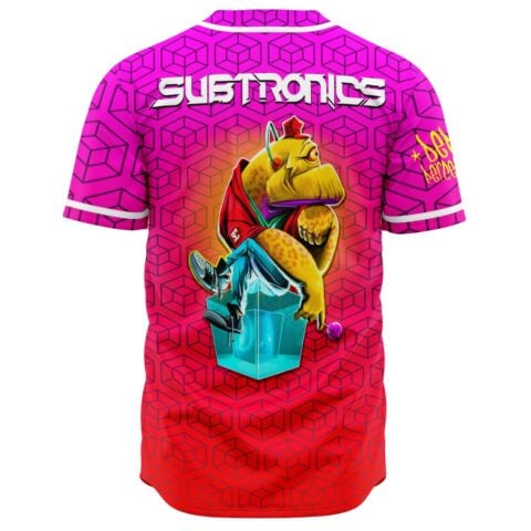 Back view showing bass-inspired cartoon creature graphic over geometric cube pattern with Subtronics text above