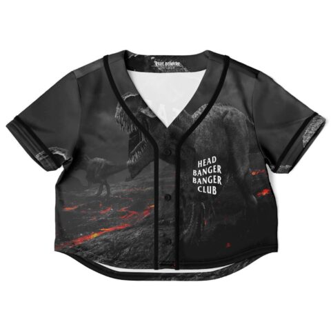 Dinosaur rave cropped baseball jersey with dinosaur graphics on a fiery background