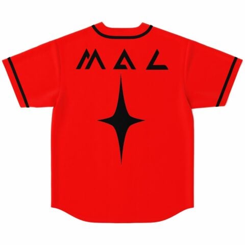 Bright red rave baseball jersey back view with bold MAL text and sharp star graphic