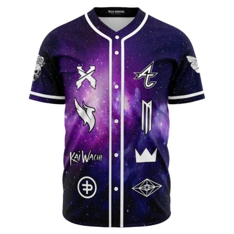 Front view of the cosmic galaxy rave baseball jersey with galaxy pattern and cosmic graphics