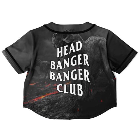 Back view of the dinosaur rave cropped baseball jersey with bold Head Banger Banger Club text and dinosaur imagery