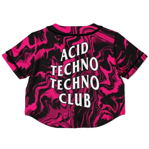 Pink marble rave cropped baseball jersey with pink and black marbled print and Acid Techno Techno Club text
