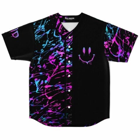 Black splatter rave baseball jersey with dripping smiley face on the chest, front view