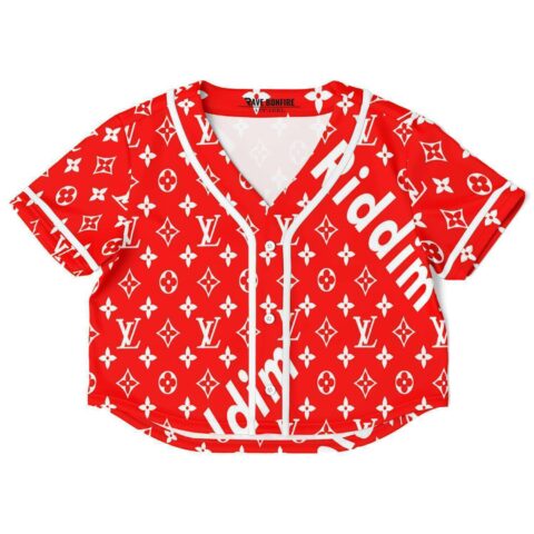 Red geometric emblem rave cropped baseball jersey with a white geometric logo on the front