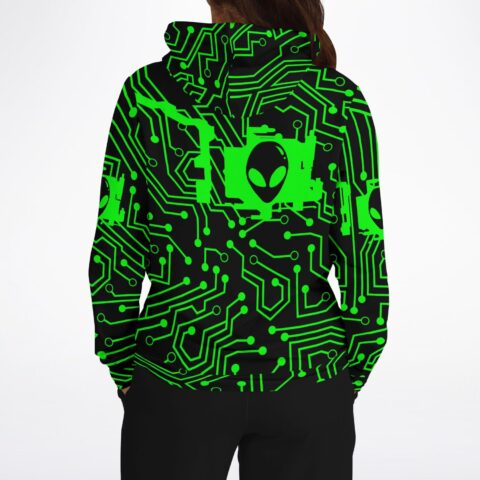 Green circuit board rave hoodie, back view — green circuit pattern on black