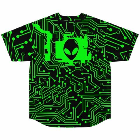 Neon green circuit board pattern covers the back with a glowing alien head chip design