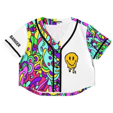 Colorful smiley rave crop top with smiley graphic and abstract patterns