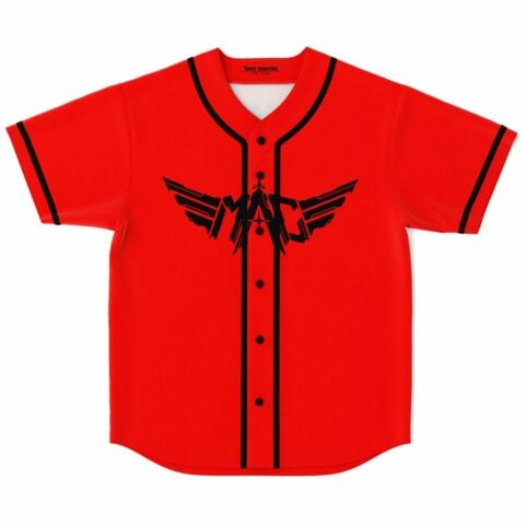Bright red rave baseball jersey with black winged emblem front view and button placket