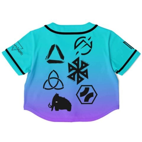 Teal and purple gradient rave crop top with abstract symbols, back