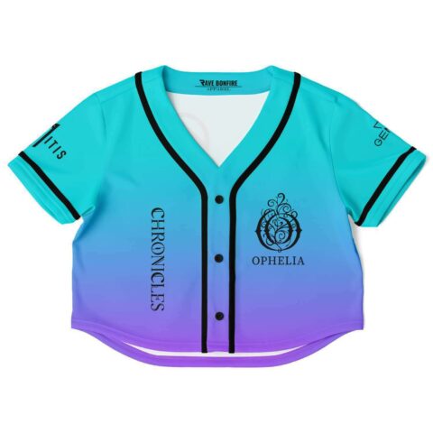 Teal and purple gradient rave crop top with logo and text designs, front