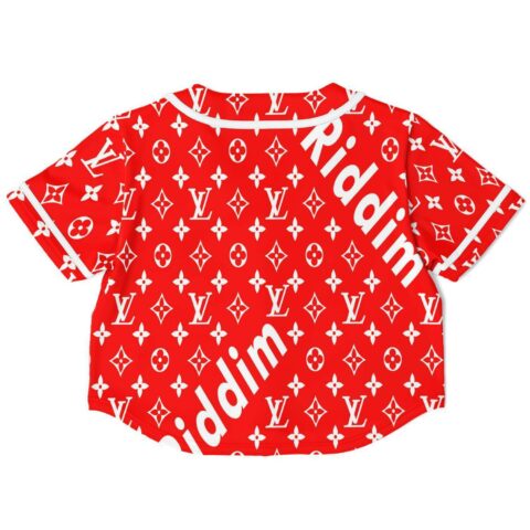 Back view of the red geometric emblem rave cropped baseball jersey with a white design