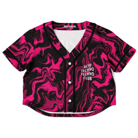 Front view of the pink marble rave cropped baseball jersey showing the marbled pattern and button front