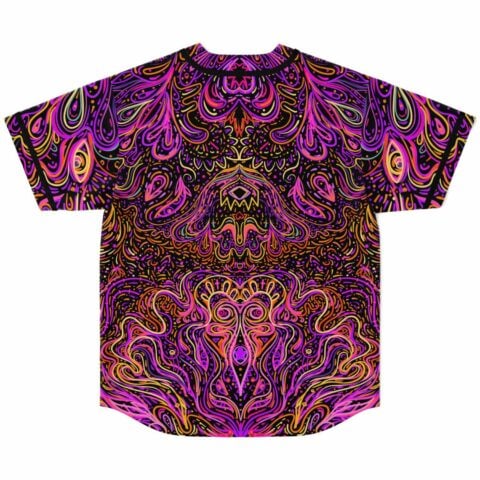Back view of magenta symmetrical psychedelic rave baseball jersey with swirling trippy line art