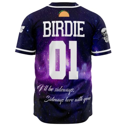 Back view of the purple galaxy rave baseball jersey with a custom name and number on the galaxy background